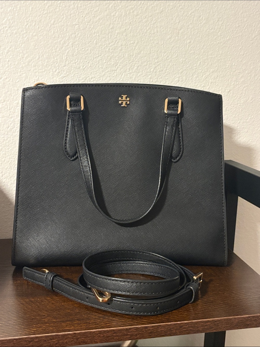 Tory Burch Emerson Black Tote Bag With Long Strap